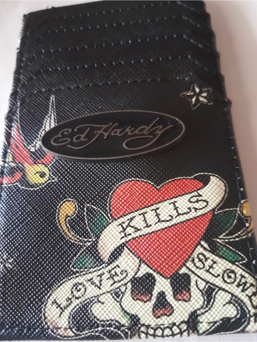 Ed Hardy Love Kills Slowly Skull Print Card Holder with Tattoo Heart - Picture 4 of 7